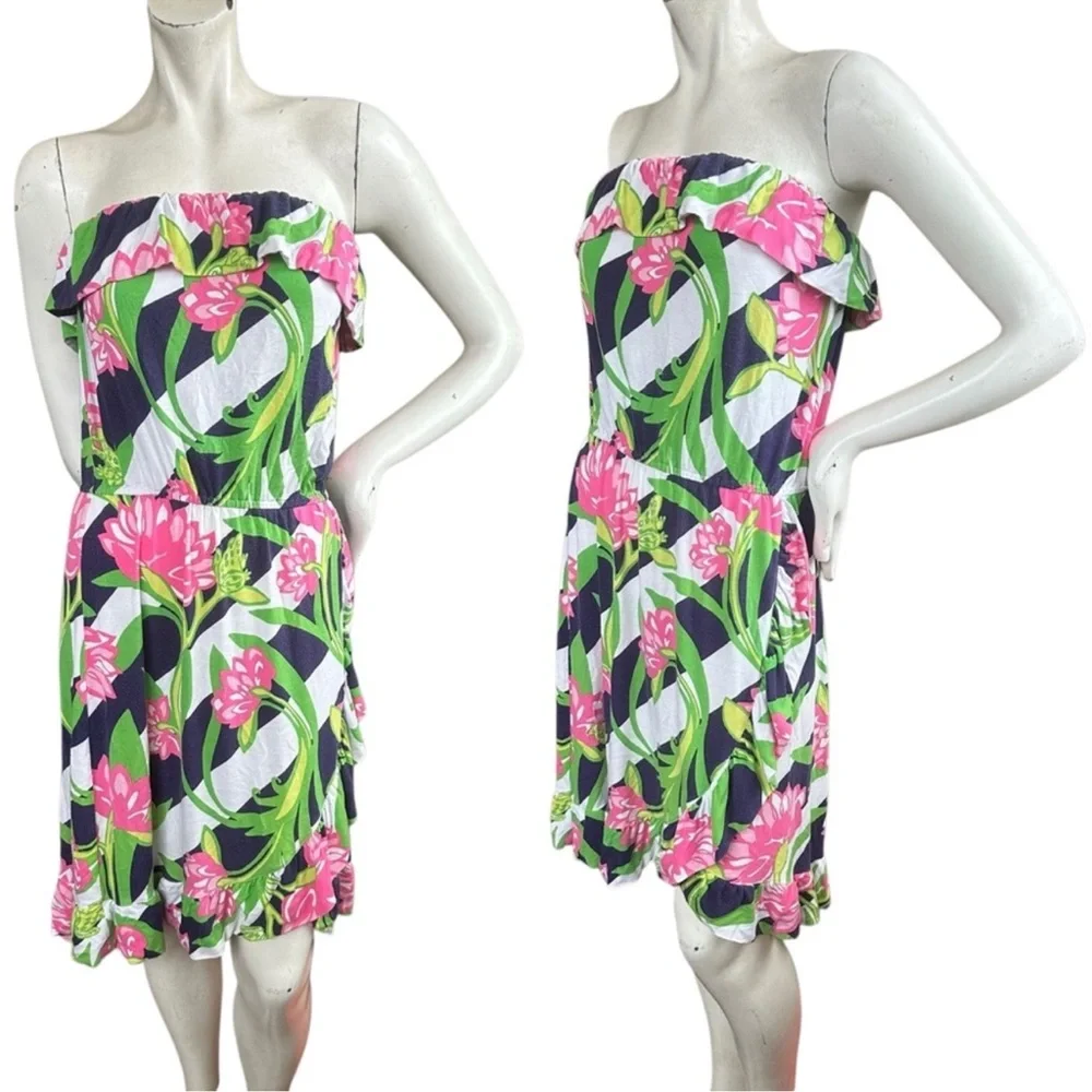 Lilly Pulitzer Strapless Flor Faux Wrap Dress Navy Pink Jumping the Line Large - Picture 1 of 11